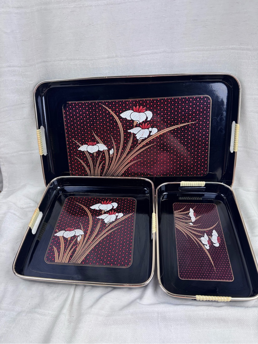 VTG Jay Import, Inc Kyoto Flower Nesting Trays Japan Black Lacquerware Set of 3